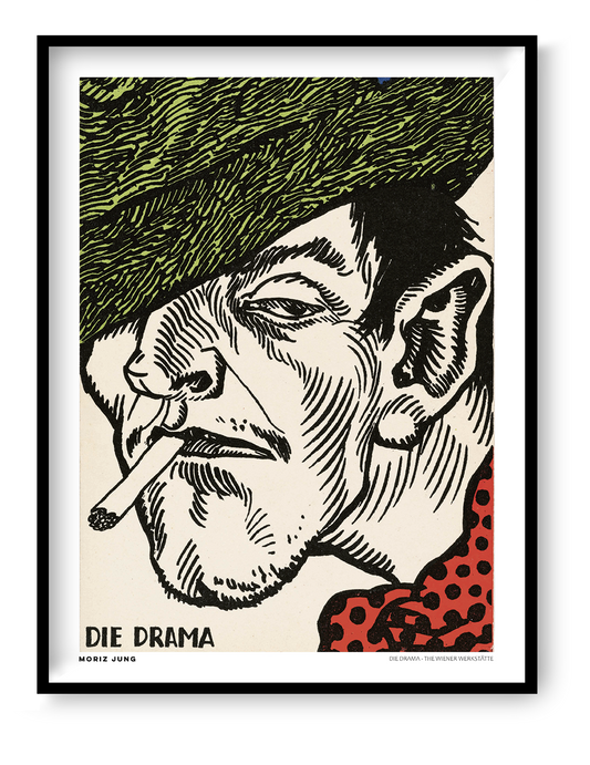 Portrait of a man smoking a cigarette with bold black linework, green hair and red patterned clothing, based on Moriz Jung’s Wiener Werkstätte graphic style. Vertical digital wall art print.