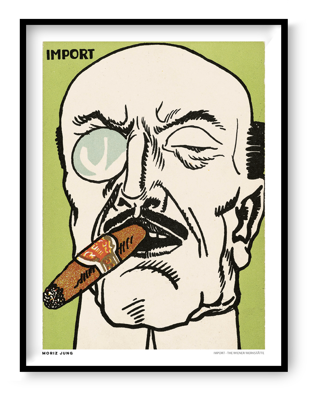 Vertical digital art print of Moriz Jung’s Import, showing a bold caricature of a man with a cigar and monocle in black, cream, green and orange, in Wiener Werkstätte style for office, study or eclectic wall decor.