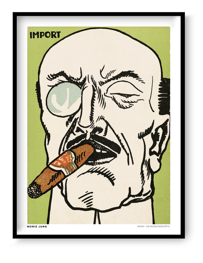 Vertical digital art print of Moriz Jung’s Import, showing a bold caricature of a man with a cigar and monocle in black, cream, green and orange, in Wiener Werkstätte style for office, study or eclectic wall decor.