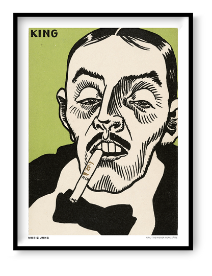 King by Moriz Jung, vertical digital art print featuring an expressive male portrait with cigarette, bold black linework and green background, ideal as graphic wall art.