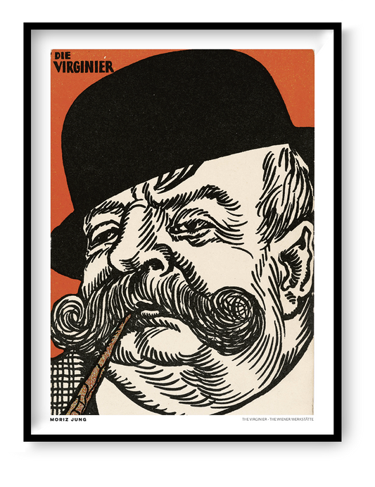 Moriz Jung's Die Virginier vintage portrait illustration with a bearded man in a large black hat, bold black linework and orange background, reproduced as a vertical digital art print for eclectic wall decor.