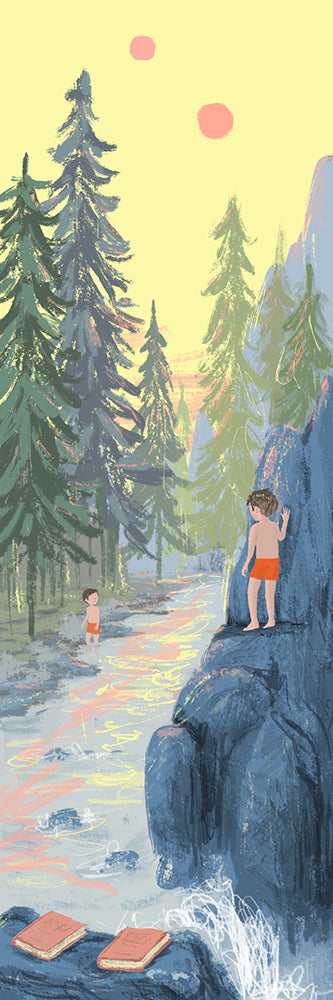 Magic Realism giclée art print by Willy Leung in vertical format showing a forest river scene with children and a dreamlike atmosphere, printed on fine art paper.