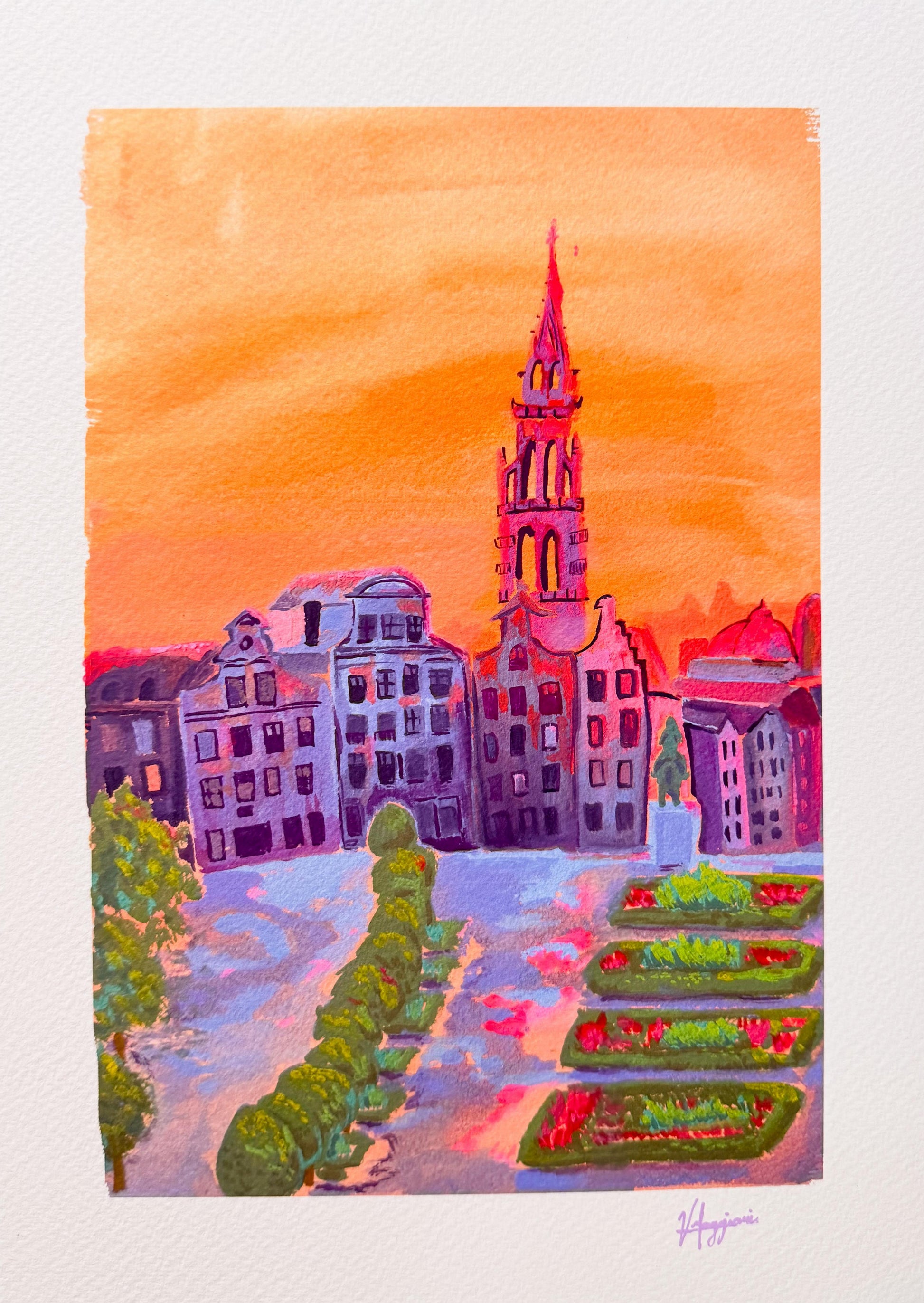 Colorful illustration of Mont des Arts in Brussels at sunset with historic buildings, garden terraces, and warm orange sky, fine art giclée print on textured cotton paper.