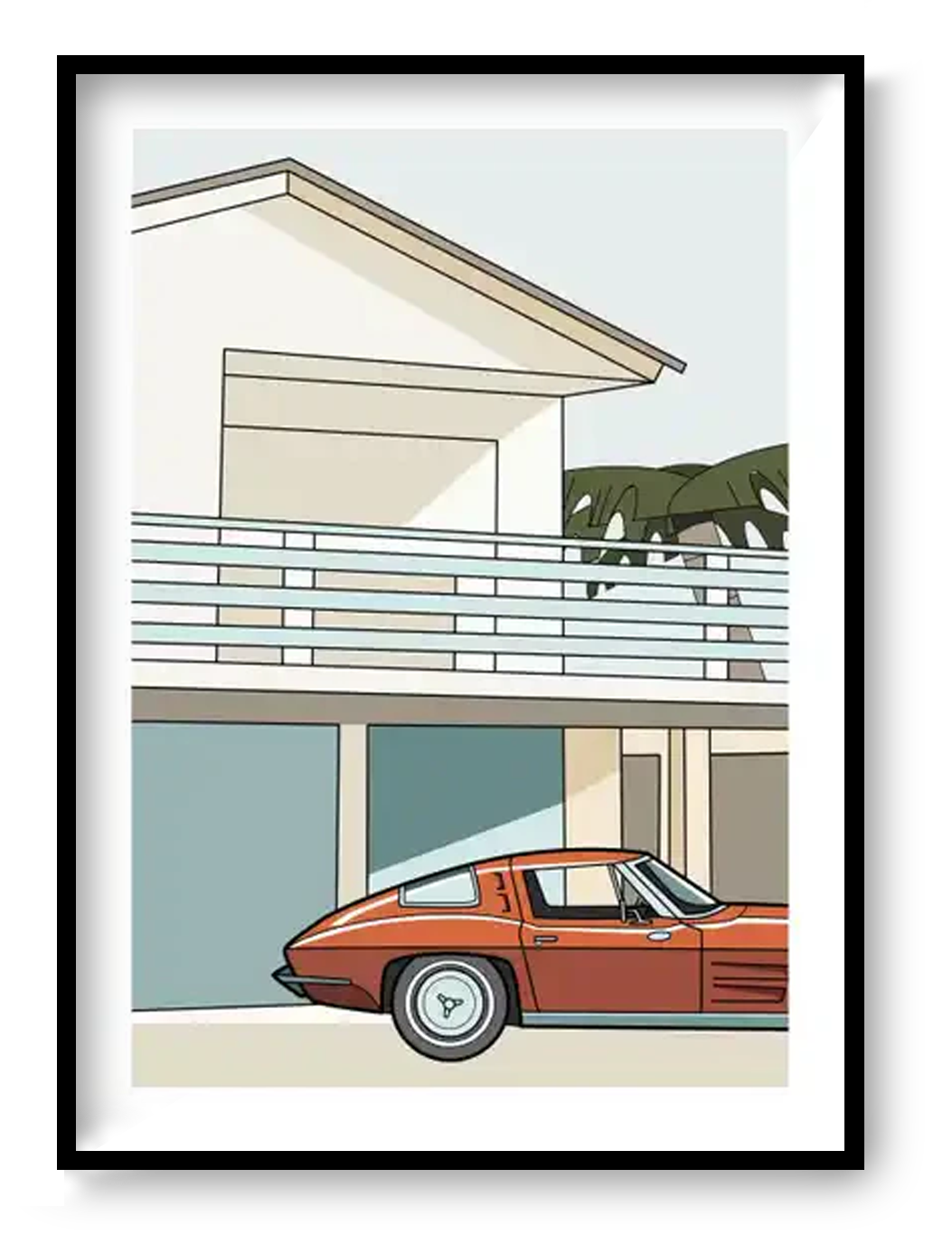 Minimalist mid-century modern house illustration with vintage red sports car, Malibu California inspired retro architecture art print by Floor 4 Productions.