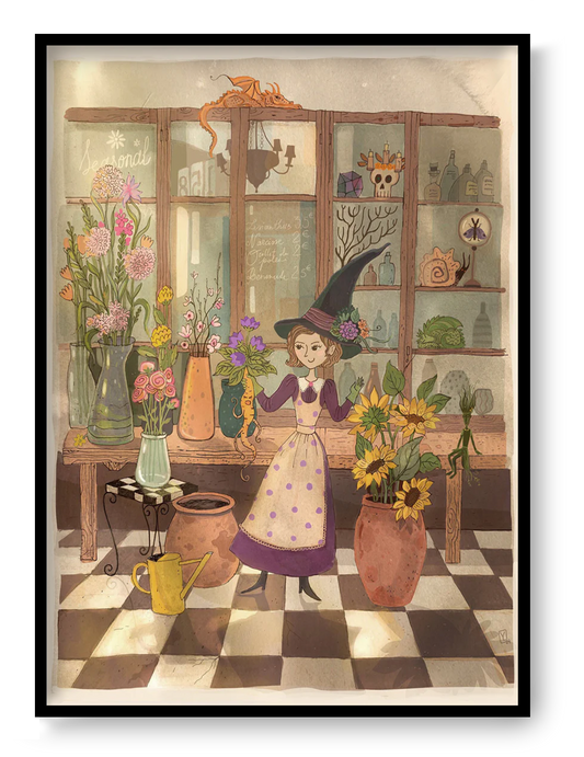 Fantasy illustration art print "Mandrake" by Lena Yampolski featuring a whimsical witch in a botanical apothecary filled with plants, potions, and magical folklore details.