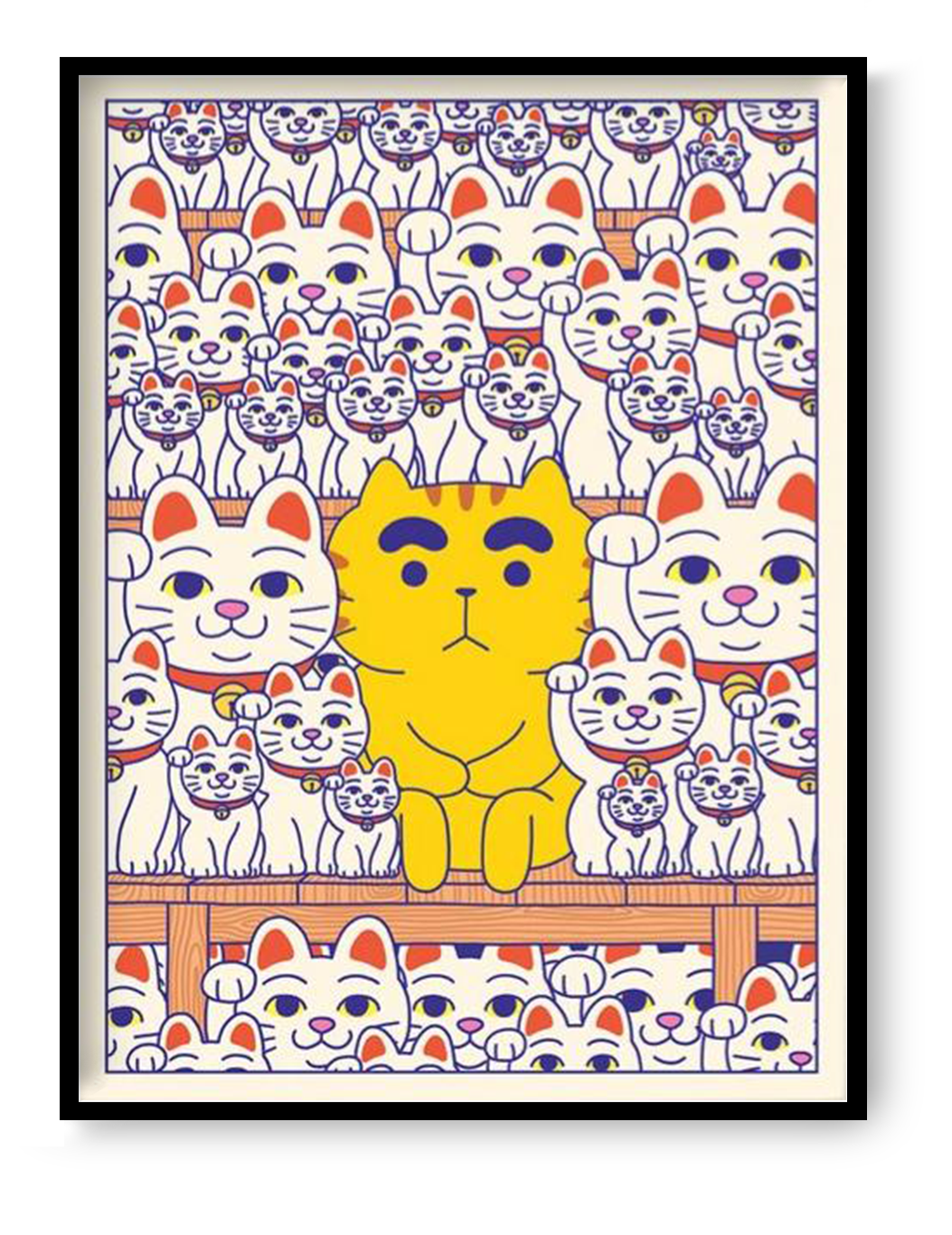 Maneki Neko cat illustration by Yeaaah! Studio featuring a crowd of lucky cats inspired by Gotokuji Temple in Tokyo, colorful Japanese pop art print 30 x 40 cm wall decor