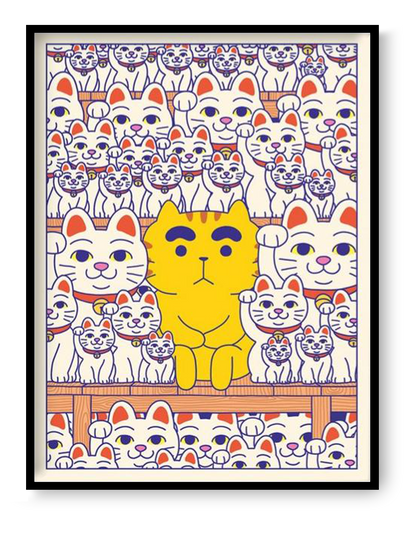 Maneki Neko cat illustration by Yeaaah! Studio featuring a crowd of lucky cats inspired by Gotokuji Temple in Tokyo, colorful Japanese pop art print 30 x 40 cm wall decor