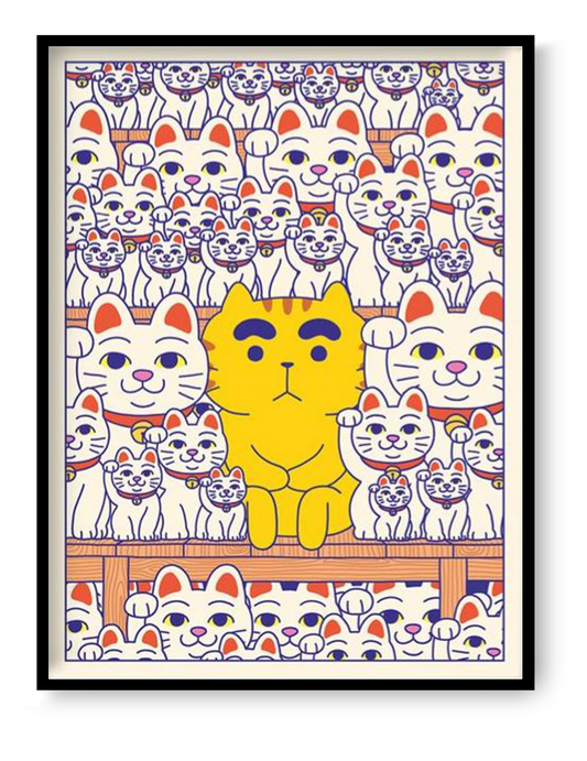 Maneki Neko cat illustration by Yeaaah! Studio featuring a crowd of lucky cats inspired by Gotokuji Temple in Tokyo, colorful Japanese pop art print 30 x 40 cm wall decor
