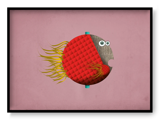Playful fish illustration art print Manuel Pescado by Studio Frits featuring a red textured fish with expressive eyes on a pink background.