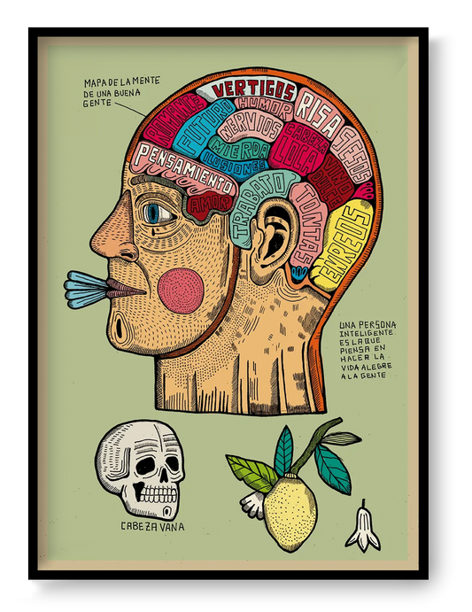 Colorful surreal illustration art print "Mapa de la mente de una buena gente" by Asis Percales showing a tattoo style human head filled with humorous mind map elements.