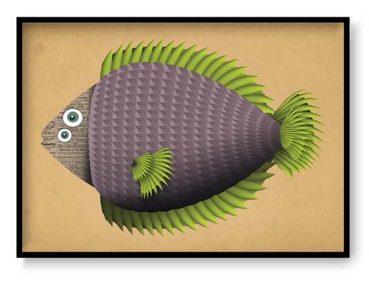 Colorful fish illustration art print Margot Fish by Studio Frits showing a textured purple fish with bright green fins on a warm background.