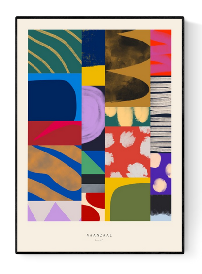 Colorful abstract art print titled ‘Collage’ by Marin Vaan Zaal, featuring bold geometric shapes and expressive textures in a modern patchwork composition. Contemporary wall art perfect for eclectic interiors and design lovers. Available at Galerie Frits