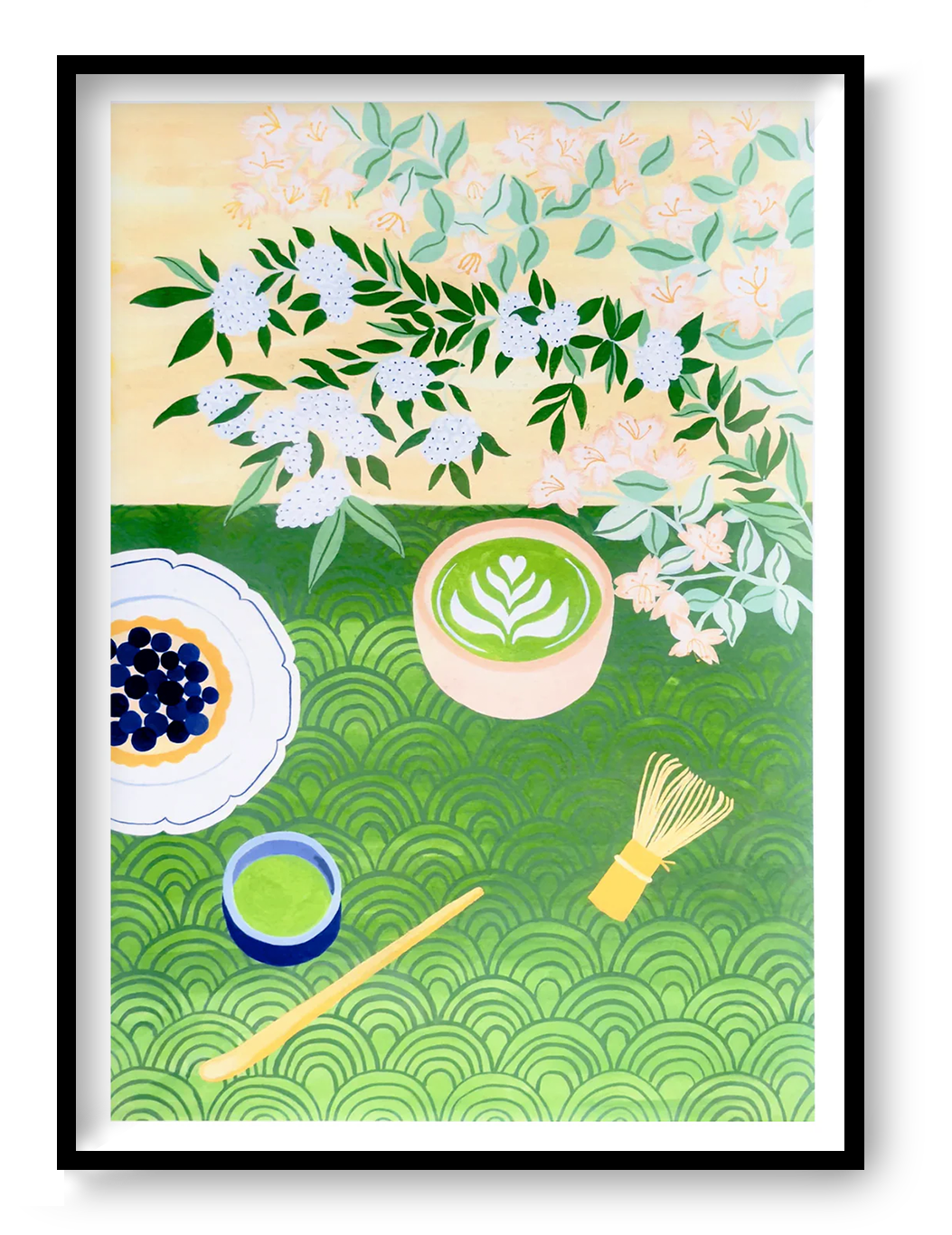 Botanical illustration art print Matcha Time by Leens showing a Japanese matcha tea setup with green tea bowl, whisk, flowers and soft pastel colors.