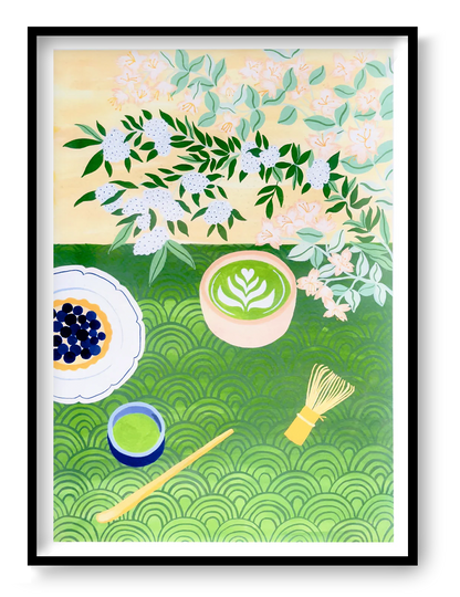 Botanical illustration art print Matcha Time by Leens showing a Japanese matcha tea setup with green tea bowl, whisk, flowers and soft pastel colors.