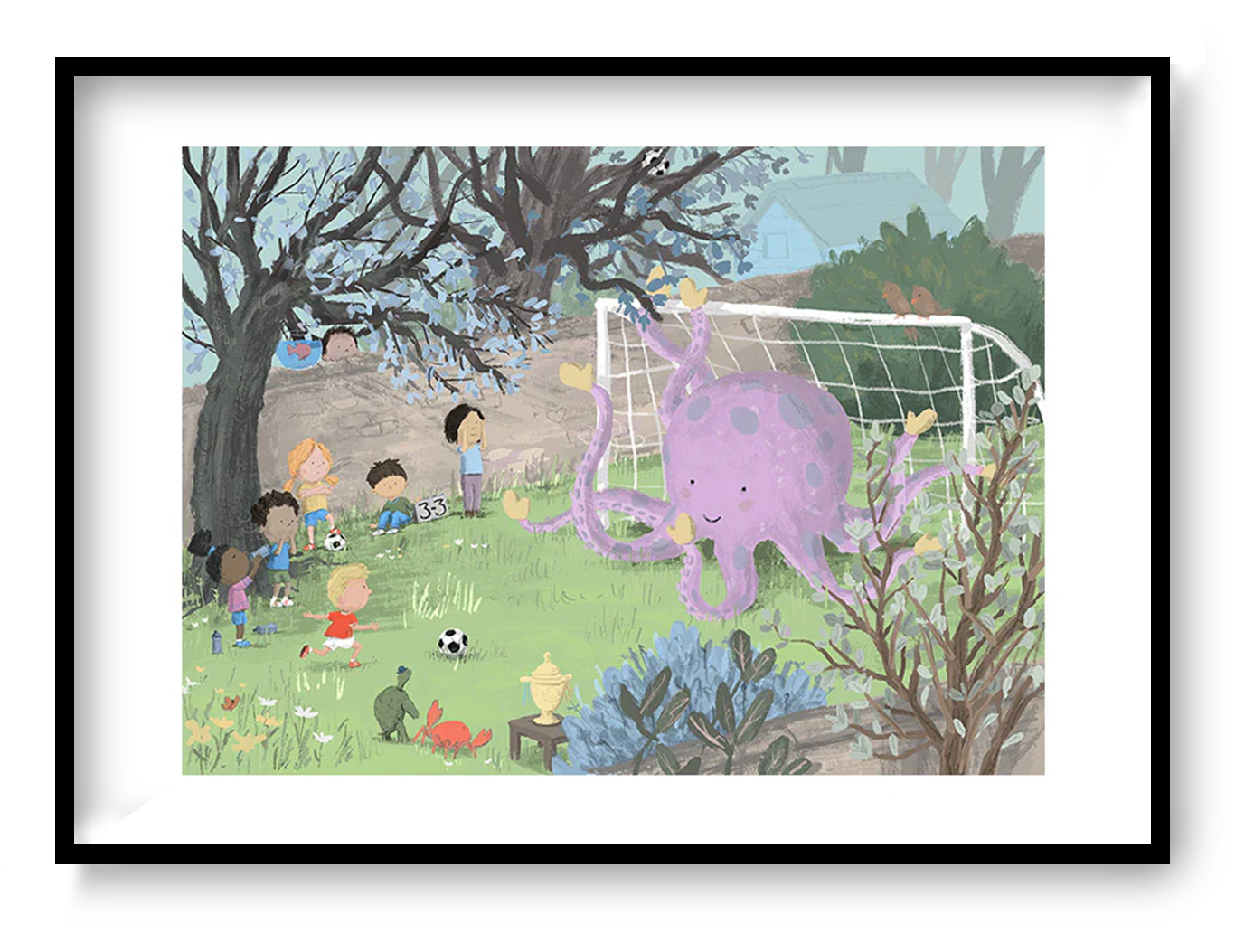 Whimsical children illustration art print Matchday by Willy Leung showing kids playing soccer with a friendly purple octopus as goalkeeper in a playful garden scene.