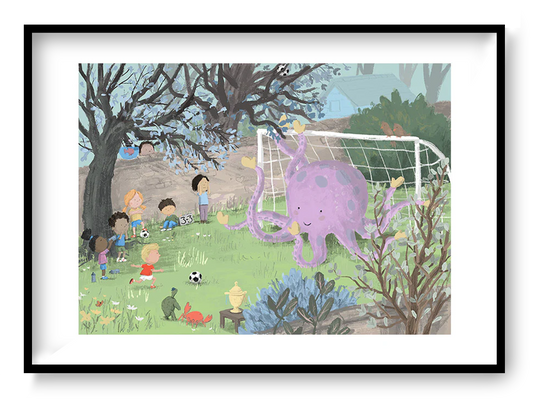 Whimsical children illustration art print Matchday by Willy Leung showing kids playing soccer with a friendly purple octopus as goalkeeper in a playful garden scene.