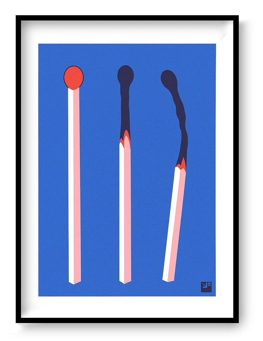 Minimalist risograph art print Matches by VrijFormaat showing three stylized matchsticks on a blue background with clean graphic design.