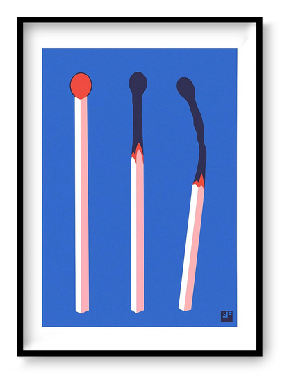 Minimalist risograph art print Matches by VrijFormaat showing three stylized matchsticks on a blue background with clean graphic design.