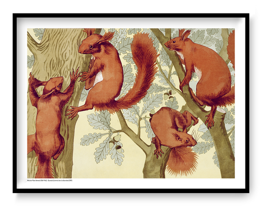 Horizontal Art Nouveau illustration of four red squirrels climbing oak trees, rendered in warm orange, cream and muted green tones. A decorative digital art print for living rooms, studies and nature-inspired walls.