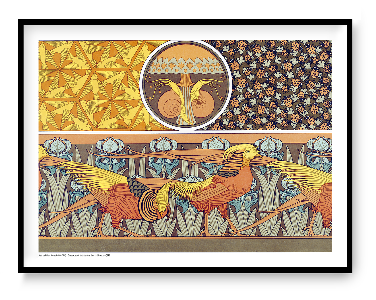 Birds, insects and botanical motifs by Maurice Pillard Verneuil in orange, yellow, blue and brown, shown as a horizontal Art Nouveau digital print for colourful wall decor.