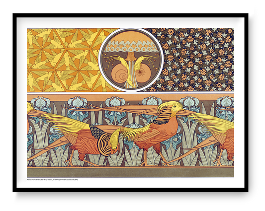 Birds, insects and botanical motifs by Maurice Pillard Verneuil in orange, yellow, blue and brown, shown as a horizontal Art Nouveau digital print for colourful wall decor.
