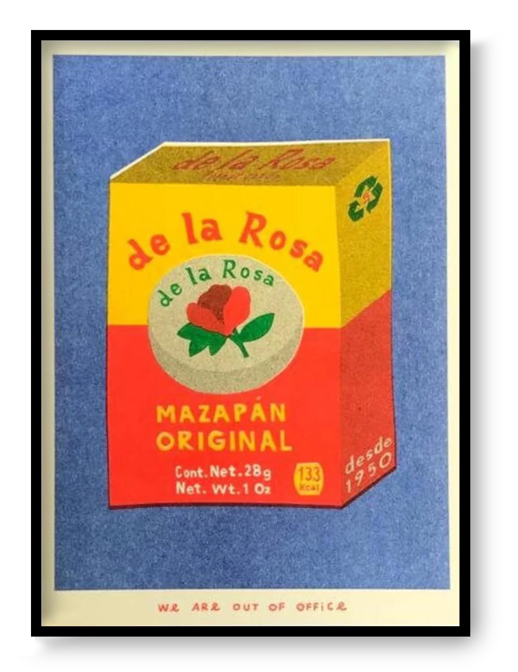 Pop art risograph print Mazapán Original by We Are Out Of Office showing the iconic Mexican De La Rosa mazapan candy box in bright colors.