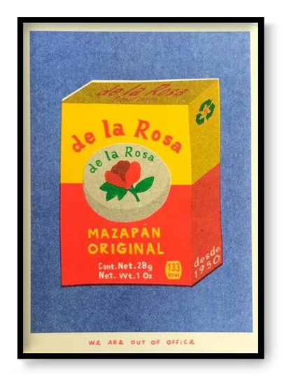 Pop art risograph print Mazapán Original by We Are Out Of Office showing the iconic Mexican De La Rosa mazapan candy box in bright colors.