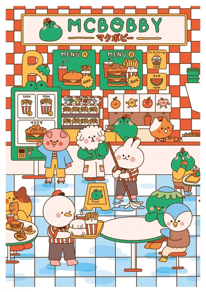 Mcbobby by Niniwanted, colorful A4 digital art print showing cute cartoon animals in a Japanese fast-food restaurant with burgers, fries, orange checkerboard walls and pastel blue flooring. Kawaii kitchen wall art.