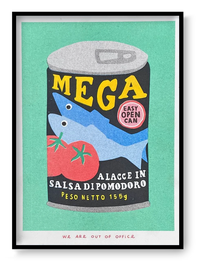 Mega Sardines risograph print by We Are Out Of Office featuring a retro sardine can packaging illustration with bold colors and playful pop art style