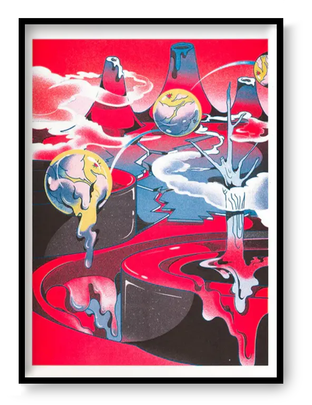 Melting Land Night risograph print by Beya Panicha featuring surreal melting planets and dreamlike landscape with vibrant red and cosmic colors