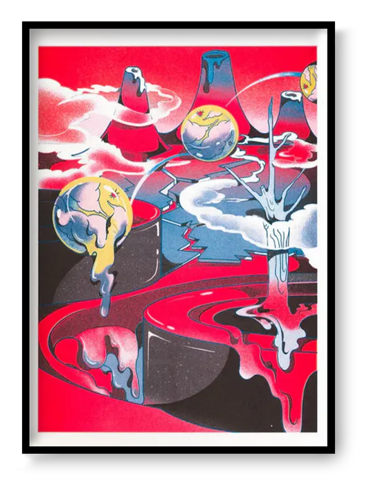 Melting Land Night risograph print by Beya Panicha featuring surreal melting planets and dreamlike landscape with vibrant red and cosmic colors