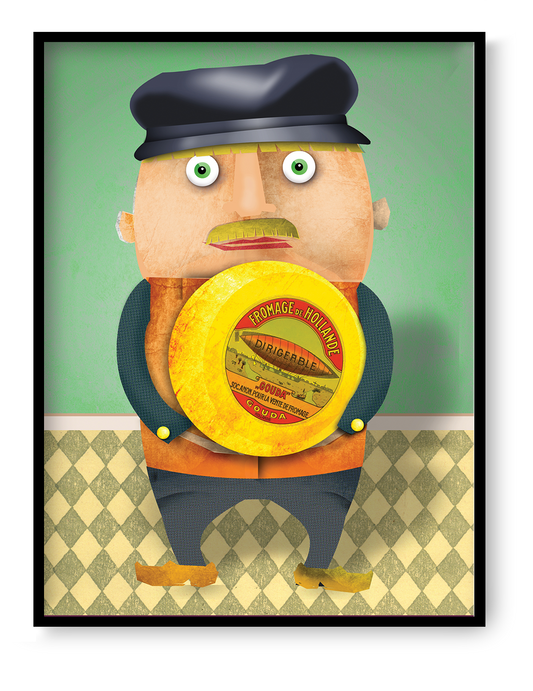 Meneer Van Oranje art print by Studio Frits featuring a quirky character holding a wheel of Gouda cheese in playful Dutch inspired illustration