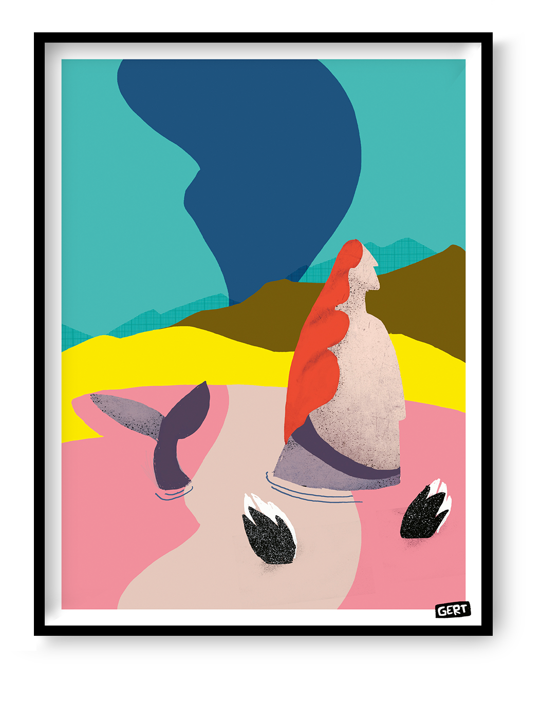 Mermaids 2 by Gert Paenen, colourful contemporary digital art print featuring a stylised mermaid with flowing red hair in a surreal coastal landscape with bright pink water, yellow dunes, blue sky, and modern abstract graphic shapes, printed on premium 300 g/m² paper.