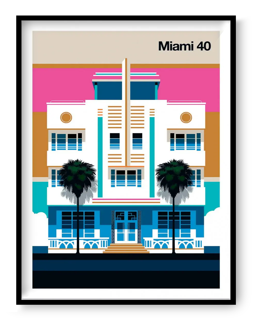 Miami 40 art print by Bo Lundberg featuring a colorful Art Deco building inspired by South Beach architecture with palm trees and retro design style