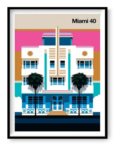 Miami 40 art print by Bo Lundberg featuring a colorful Art Deco building inspired by South Beach architecture with palm trees and retro design style
