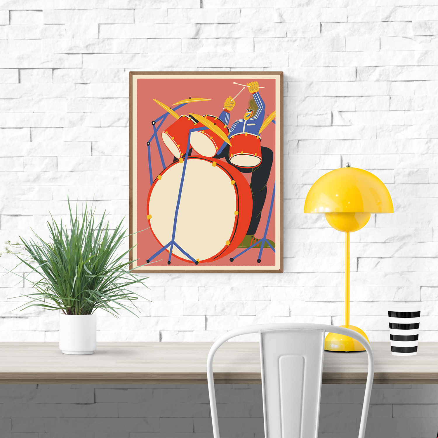 Giclée art print by Miguel Manich showing a dynamic drummer playing a vibrant red drum set, illustrated in bold colours with modern, playful lines — ideal for music lovers and creative interiors.