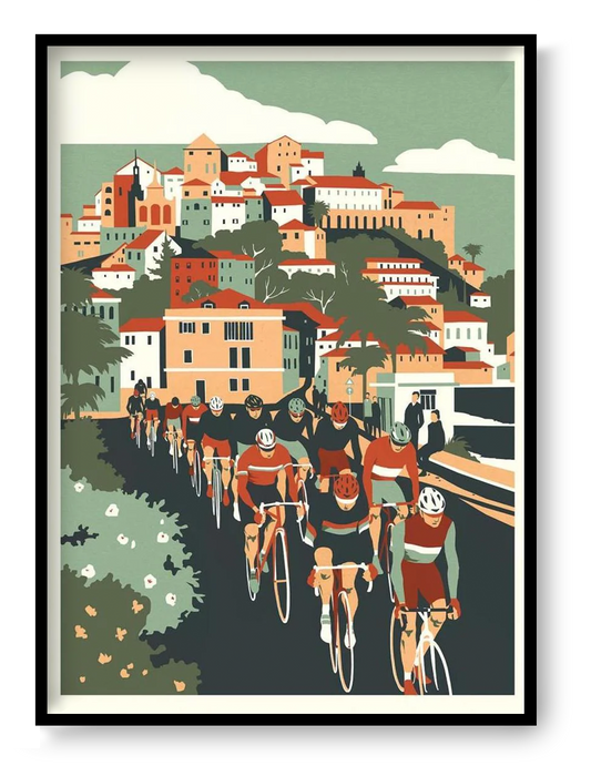 Milan San Remo cycling poster by Eliza Southwood showing professional cyclists riding through Italian coastal town in vintage style sports wall art