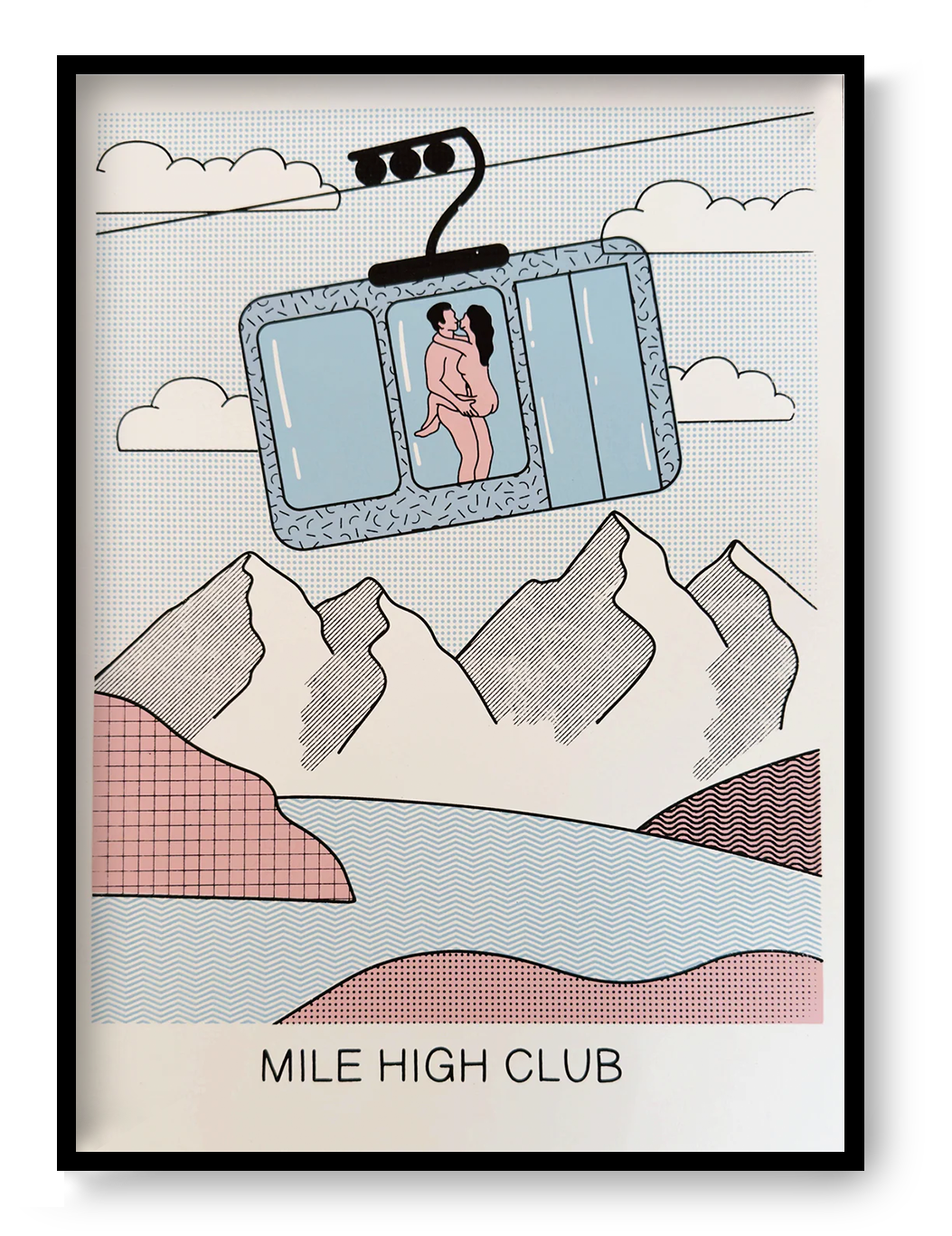 Mile High Club screen print by Studio Stoutpoep showing humorous cable car scene with couple in mountains, bold pop art illustration wall art