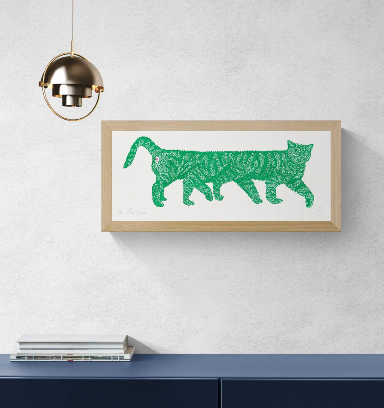 Horizontal risograph illustration of an unusually long green striped cat with a small pink detail, printed on white paper. Playful contemporary wall art for quirky interiors and cat lovers.