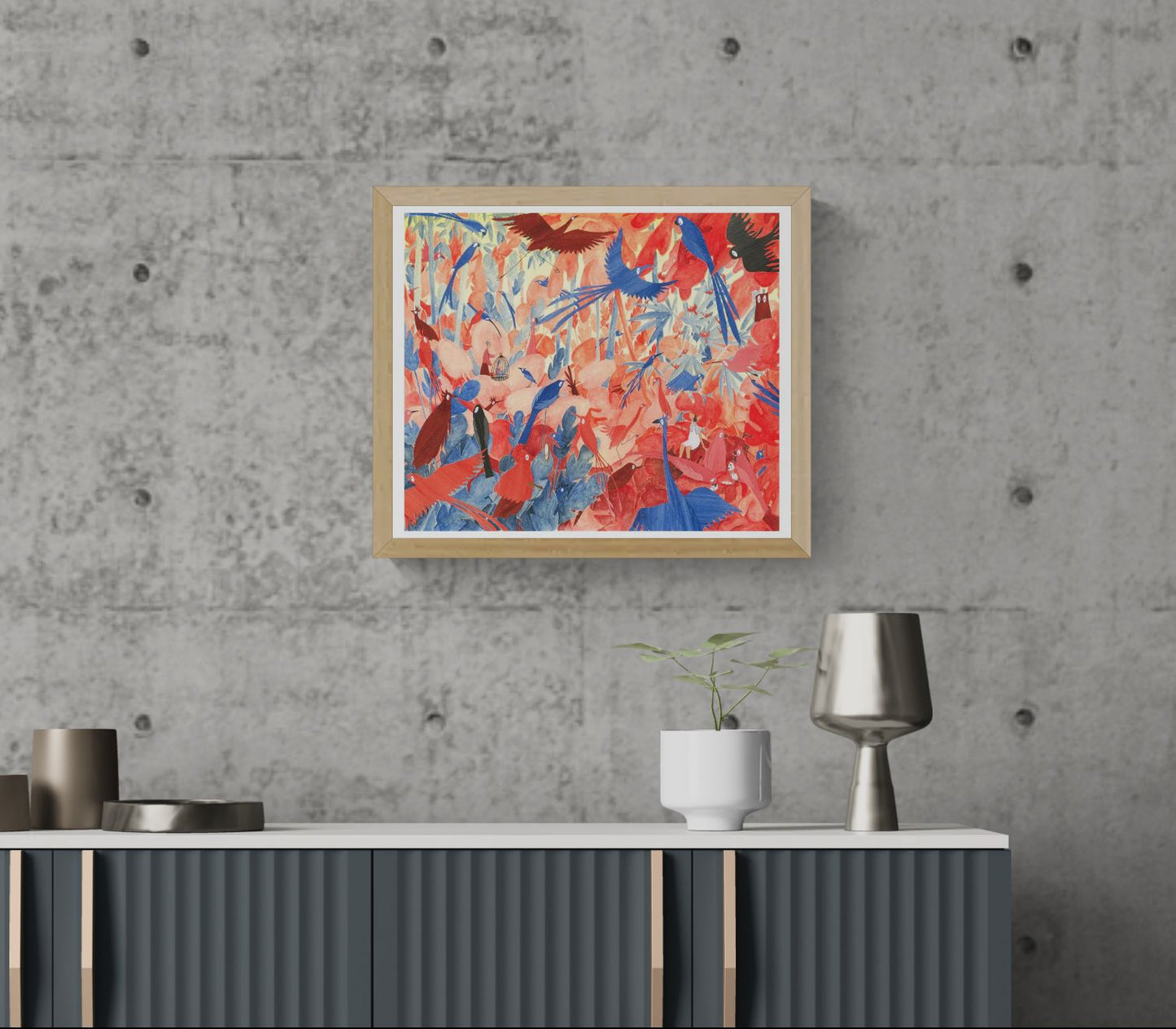 Colorful bird illustration art print by Rosalien Helsen featuring blue and red birds in a surreal aviary landscape with hidden characters, acrylic textures, and digital collage details on Hahnemühle fine art paper.