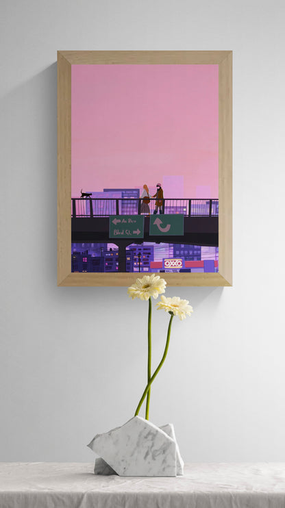 Colourful vertical giclée print of a couple holding hands on a Mexico City overpass at sunset, illustrated in pink and purple tones for romantic modern wall decor.