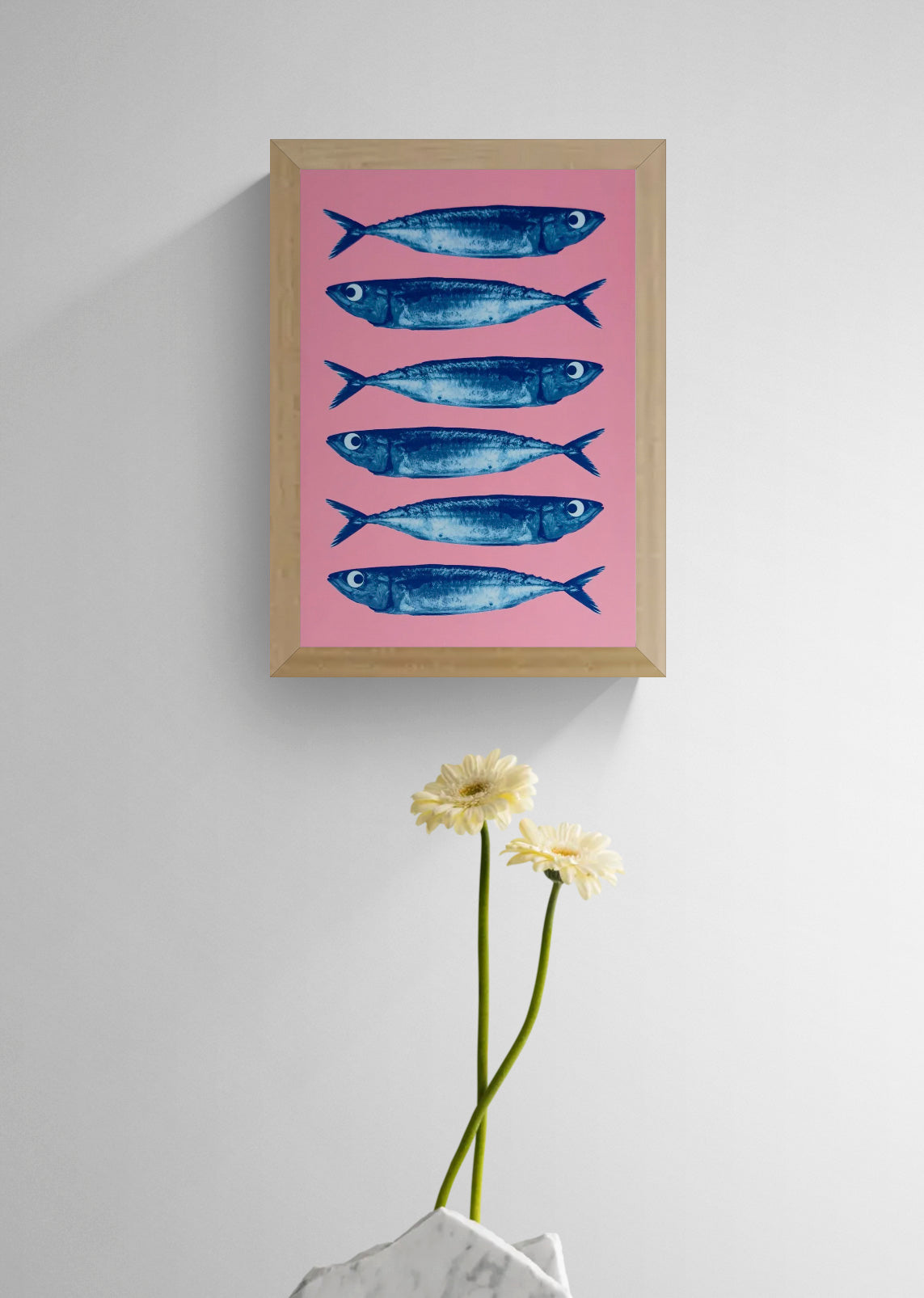 Sardines art print by PTRVRKD, blue fish on pink background, pop art seafood illustration A5, modern graphic wall art.