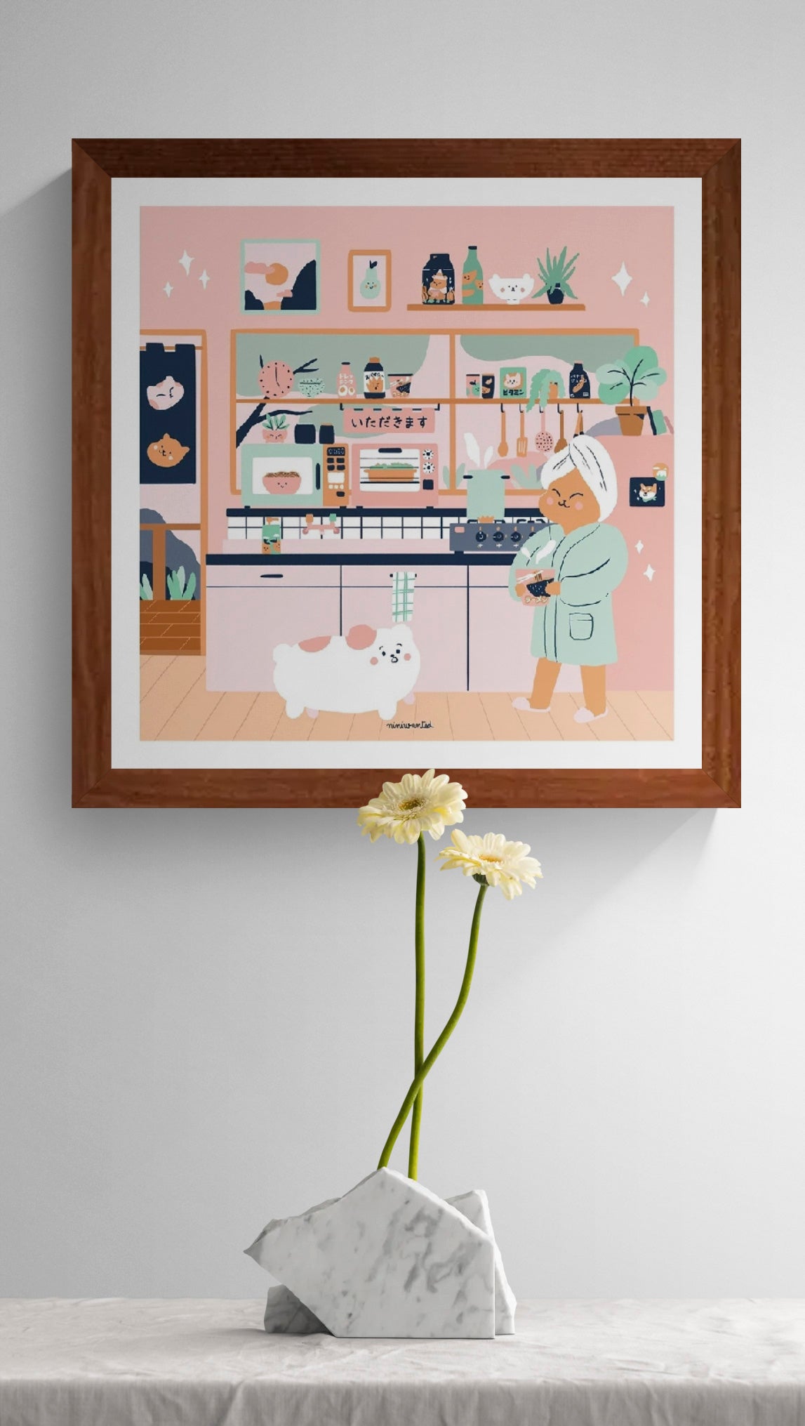 Japanese Kitchen by Niniwanted, square digital art print showing a cute character holding ramen beside a fluffy white pet in a pastel pink Japanese kitchen. Kawaii illustration for cheerful kitchen wall decor.