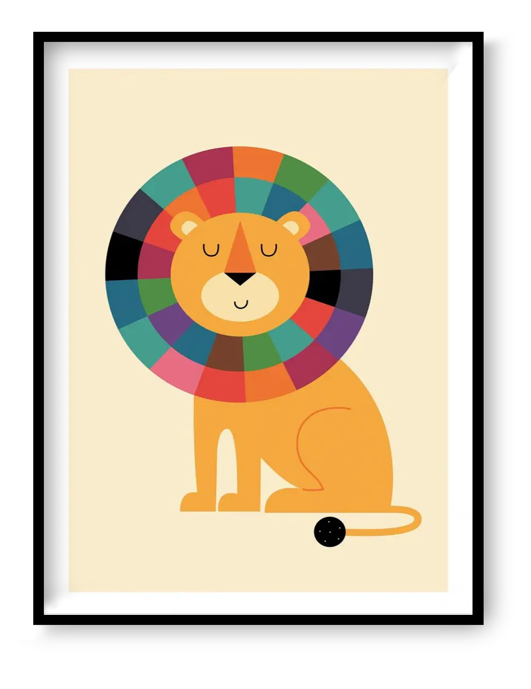 Mister Confidence lion art print by Andy Westface featuring colorful rainbow mane in minimalist playful style for kids room or nursery decor