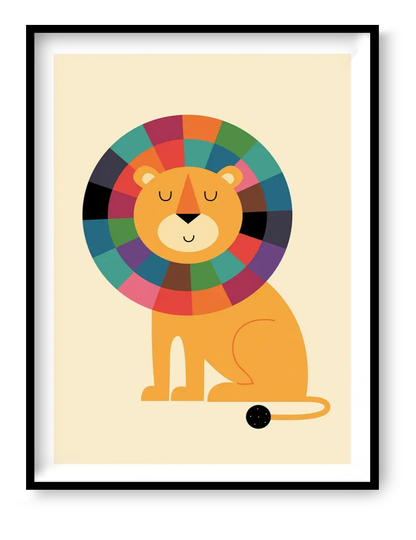 Mister Confidence lion art print by Andy Westface featuring colorful rainbow mane in minimalist playful style for kids room or nursery decor