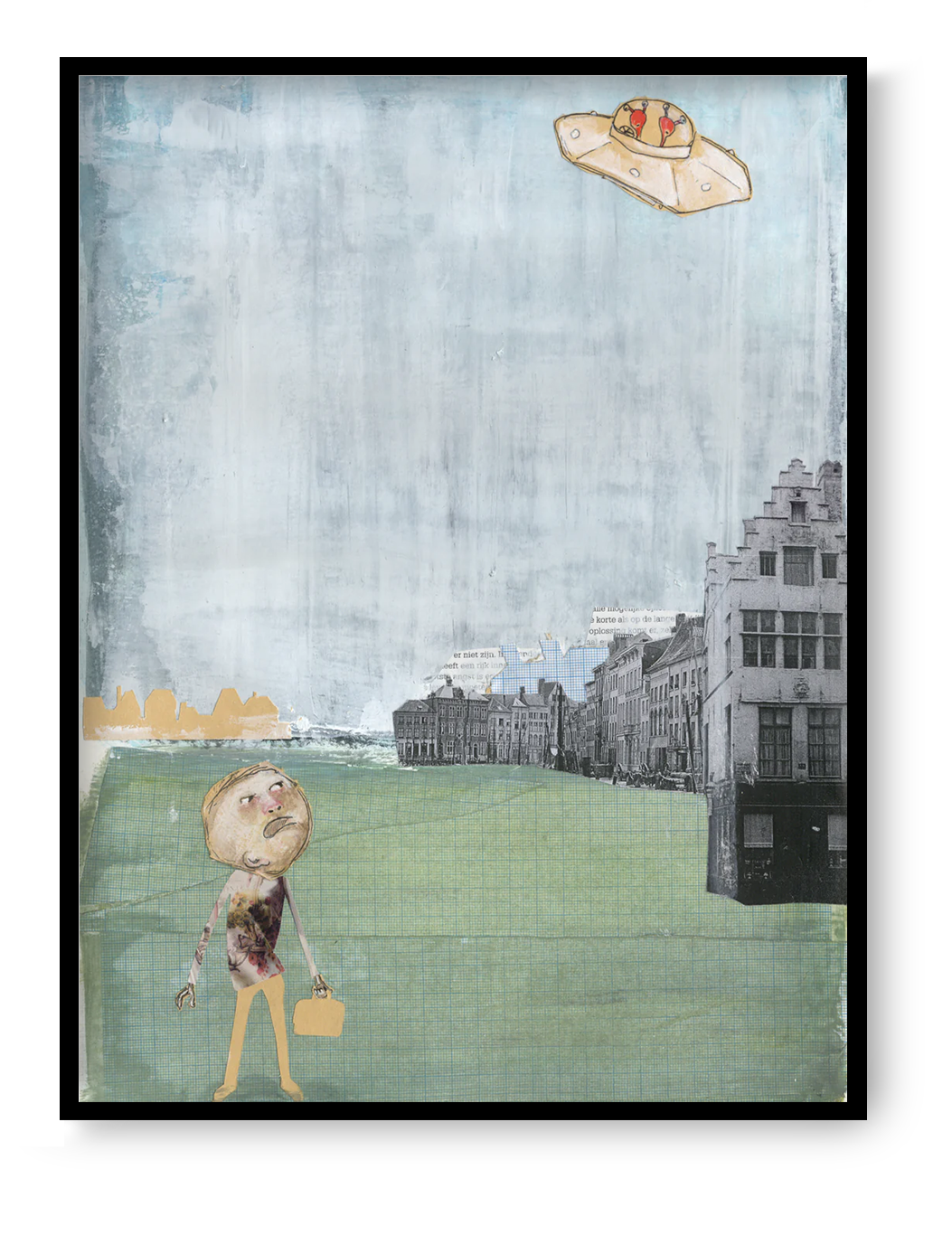 Mister Humprey’s Encounter collage art print by Studio Frits featuring man looking at UFO in surreal vintage city scene storytelling wall art