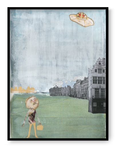 Mister Humprey’s Encounter collage art print by Studio Frits featuring man looking at UFO in surreal vintage city scene storytelling wall art