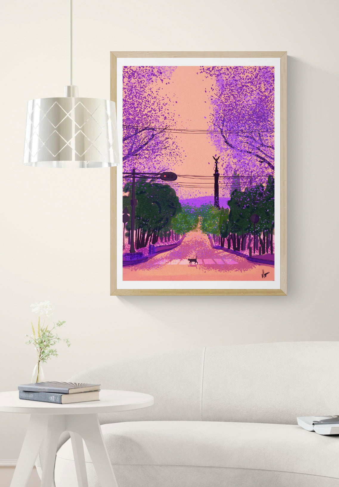 Colourful vertical giclée art print by Valeria Maggiani showing Paseo de la Reforma in Mexico City beneath purple jacaranda trees, with the Ángel de la Independencia and a cat crossing the road.