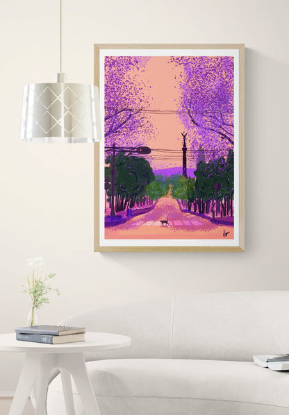 Colourful vertical giclée art print by Valeria Maggiani showing Paseo de la Reforma in Mexico City beneath purple jacaranda trees, with the Ángel de la Independencia and a cat crossing the road.