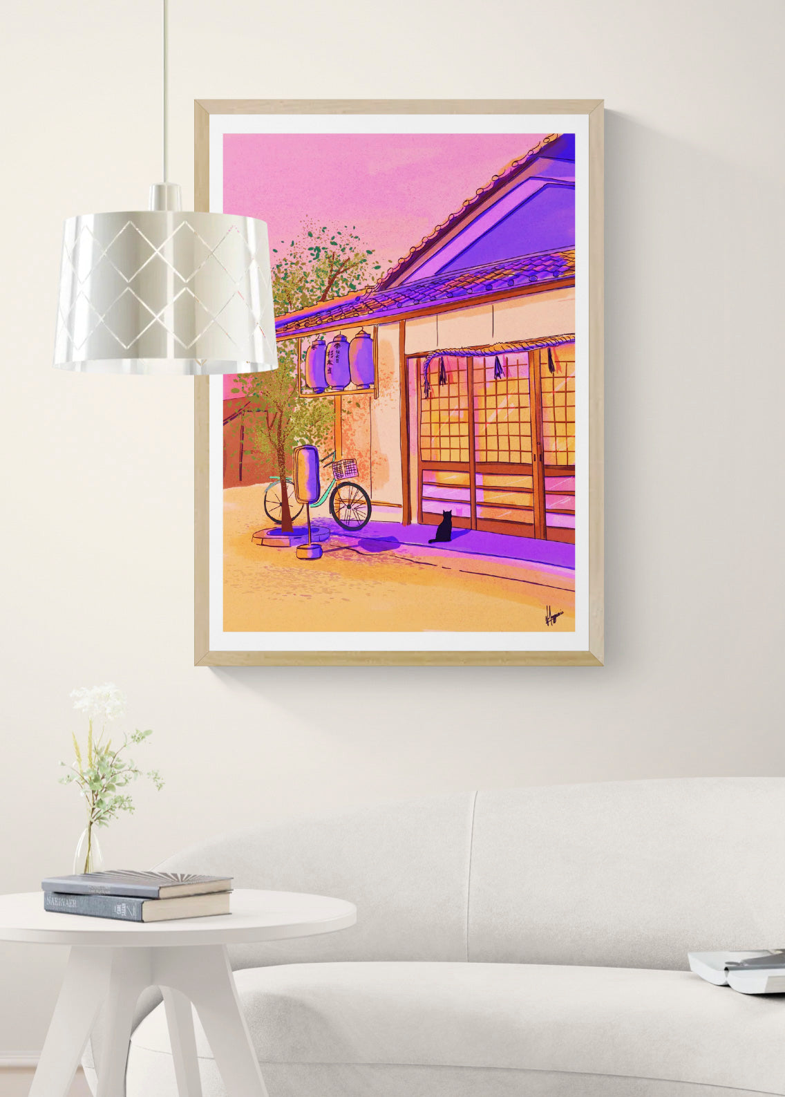 Colourful vertical giclée print by Valeria Maggiani showing a woman outside a traditional home in Uji, Japan, in vivid pink, purple, blue and green tones.
